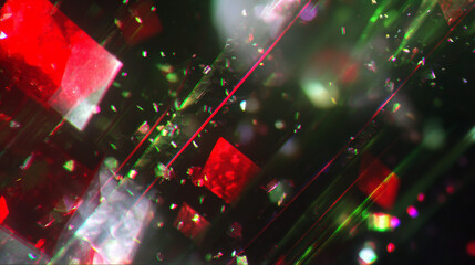 Background of Christmas red retro film overly, image with scratch, dust and light leaks. Xmas lens flare holographic effect background.Glowing glotter bokeh winter holidys aesthetic