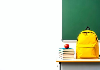 A yellow backpack sits on a desk next to a green chalkboard and a red apple. The scene is set in a classroom, and the backpack and apple suggest that the student is prepared for school