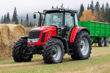 Obraz premium Red tractor working in agricultural field with hay bale and trailer