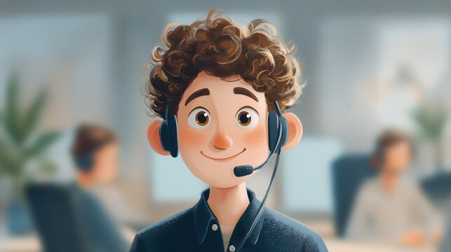 Cartoon illustration of a smiling young man with headset working in an office. Concept for customer service, online support and business communication