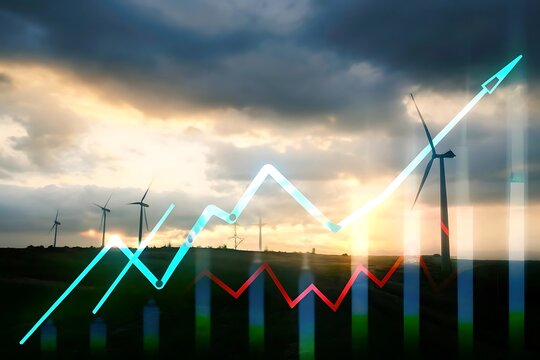 Wind turbine farm with dynamic financial stock market graph overlay showing upward growth and market trends