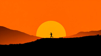 An athlete running on top of a hill, with mountains in the background and a large sun setting behind them