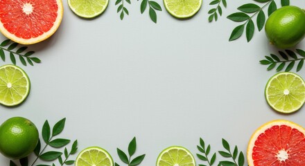 Limes and grapefruits frame a bright backdrop with leafy accents creating a natural and vibrant visual