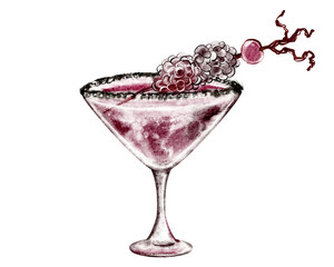 Watercolor illustration of a Halloween cocktail with blackberries in a glass. Features spooky, gothic, and colorful elements for party, bar, and holiday designs. Suitable for menu, invitation.