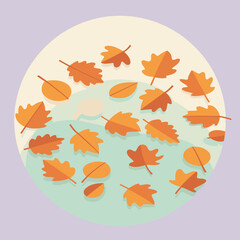 Autumnal leaves scattered in a circular pattern on a mint green surface with a muted purple background. Colorful foliage in a decorative arrangement on a flat surface with an abstract design.