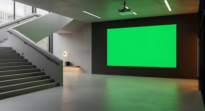 Modern business interior with a large green screen wall for a presentation or exhibition