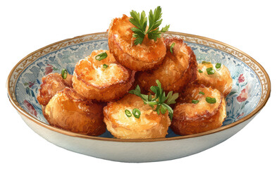 Fototapeta premium Deliciously golden brown tempura shrimp served in a bowl on a bright white background captured in watercolor style