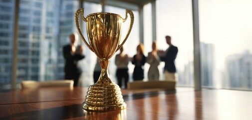 The trophy symbolizing achievement in a corporate setting with applauding colleagues.