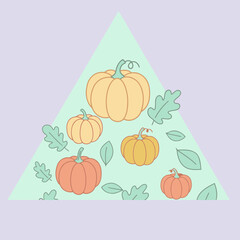 Pumpkin illustrations with fall leaves in a pastel color scheme. Decorative pattern of pumpkins and leaves on a mint green triangle background.