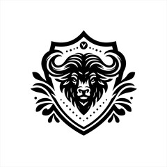 Stylized black and white buffalo head emblem with ornate details