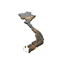 Vietnam map in isometric design showing global flight routes