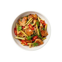 A full serving of glistening Vietnamese Lemongrass Chicken (Ga Xao Xa Ot) with pan-seared chicken, chili, and herbs in a white bowl on a transparent background, commercial food marketing concept.