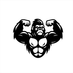 Strong muscular gorilla flexing biceps black and white logo