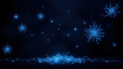 A dark background with floating blue light formations and glowing strands on the ground level