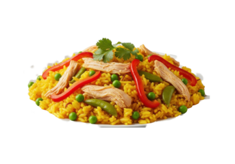 Generously portioned Arroz con Pollo with saffron rice, shredded chicken, peas, red bell peppers, and cilantro on a transparent background, appetizing food presentation concept