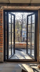 Open dark framed French doors revealing trees and buildings in autumn