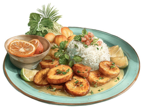 Traditional costa rican casado plate featuring rice, fruit, and accompaniments in a stunning watercolor illustration