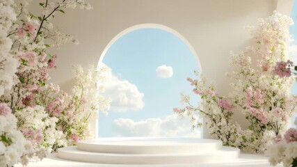 Soft pastel flower branches frame bright white circular stage with arched window showing clear blue sky and fluffy clouds, creating serene and elegant atmosphere with springtime arch and window view - Powered by Adobe