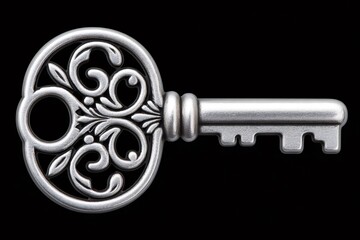 Obraz premium Ornate silver key resting on black background symbolizing security and access