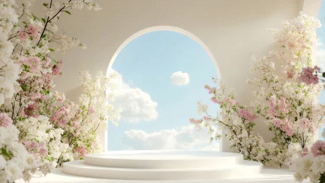 Soft pastel flower branches frame bright white circular stage with arched window showing clear blue sky and fluffy clouds, creating serene and elegant atmosphere with springtime arch and window view