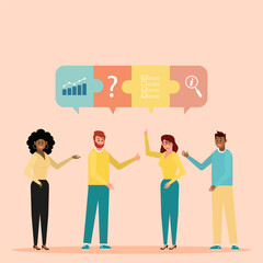 Business project discussion concept. Flat style vector illustration. Group of people standing and talking to each other.
