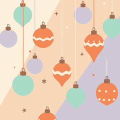 Pastel Christmas ornaments in varying shapes and colors hanging on strings against a backdrop of muted beige and lavender, creating a festive, modern design.