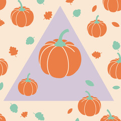 Pumpkin and Autumn Leaf Design with Pastel Background. Simple, flat illustrations of pumpkins and leaves on a light beige and lavender background with a triangle shape.