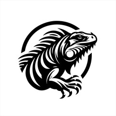 Fototapeta premium Black and white stylized iguana emblem with tribal elements
