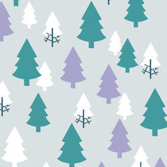 Obraz premium Christmas tree pattern on a light gray triangular background. Silhouette shapes of stylized trees in teal, lavender and white, with decorative branches, create a simple and elegant design.