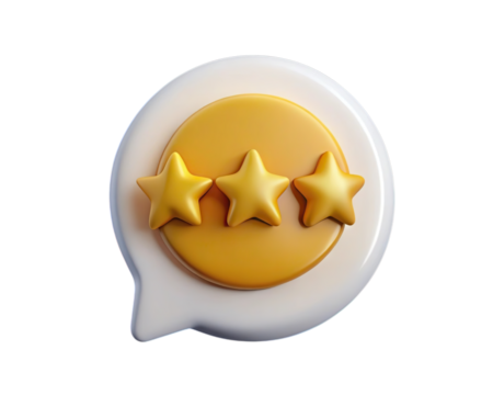 Three golden stars inside a speech bubble icon isolated on transparent background