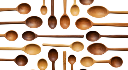 Brown wooden spoons with hard shadows create a pattern. Great for food blogs, kitchen product photography, or recipes.