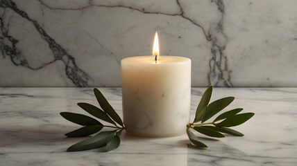 White candle burning softly beside olive leaves on marble surface in warm light