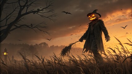 Eerie scarecrow with glowing jack o lantern in spooky field at dusk haunting atmosphere captured in landscape view