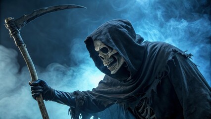 Obraz premium Menacing grim reaper figure with scythe dark foggy environment artistic photography eerie atmosphere close-up perspective