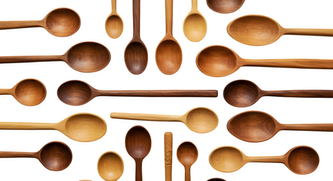 Brown wooden spoons with hard shadows create a pattern. Great for food blogs, kitchen product photography, or recipes.