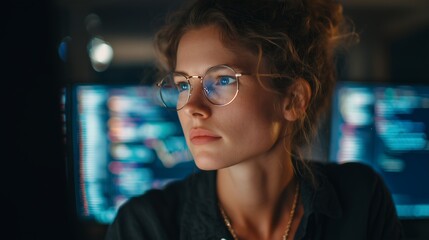 Young woman wearing glasses looking at computer screens displaying data charts, concept for financial analysis, stock market trading and software development