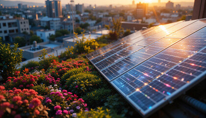 Solar Panels on Rooftop Garden with Flowers and City View &ndash; Sustainable Urban Living
