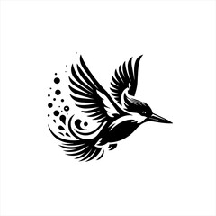 Obraz premium Stylized black and white kingfisher bird in flight with water splashes