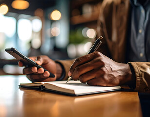 Close-up of hands using a smartphone and writing in a notebook.