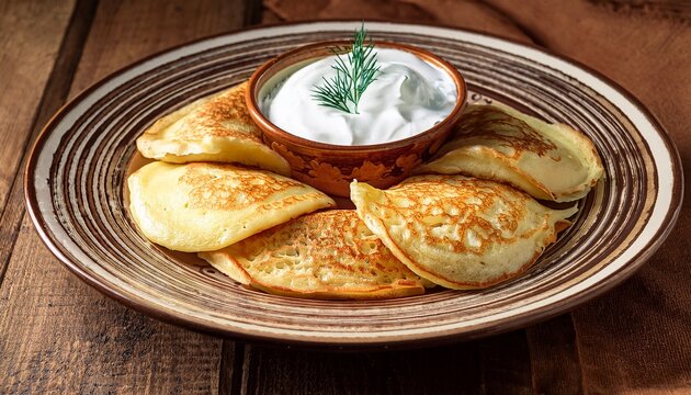 delicious blini with sour cream on vintage plate for traditional culinary delight