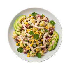 Ultra-realistic UHD photo of a meticulously plated Colombian Chicken and Potato Salad, Ajiaco style, on a matte white ceramic plate against a transparent background, clean and precise food