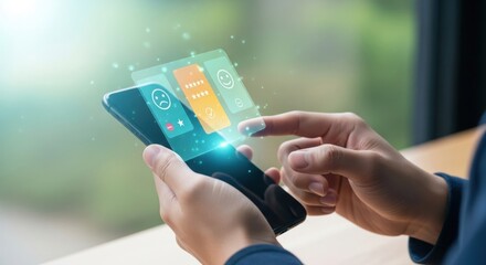 Person using a smartphone with glowing digital interface and augmented reality elements