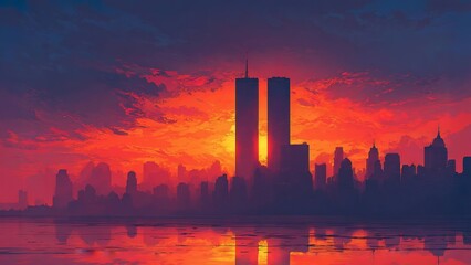 A dramatic silhouette of the twin towers and a city skyline against a vibrant sunset. The scene captures the towering structures, city silhouette, and a fiery sky over water.
