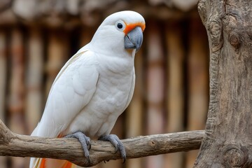 White cockatoo perching on branch, majestic bird displaying colorful plumage
