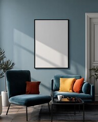 Blue Interior with Artwork and Velvet Chairs A Modern Living Room Featuring Stylish Seating and Plants