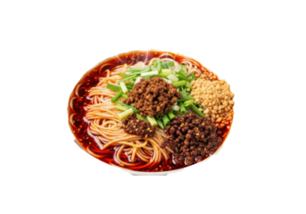Steaming authentic Dan Dan Noodles with minced pork, scallions, peanuts, chili oil, and Sichuan peppercorns in an off-white bowl on a transparent background, culinary perfection concept