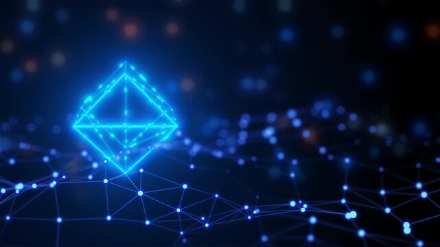 Futuristic Blockchain Plexus Cube with Glowing Wireframe and Data Network Animation