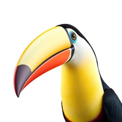 Fototapeta premium Detailed close-up of a colorful toucan with vibrant beak and striking eye, set against a white background