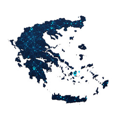 Futuristic tech network of Greece map in dark colors