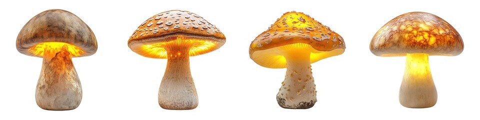 Fantasy Bioluminescent Mushrooms with Warm Inner Light on Transparent Background